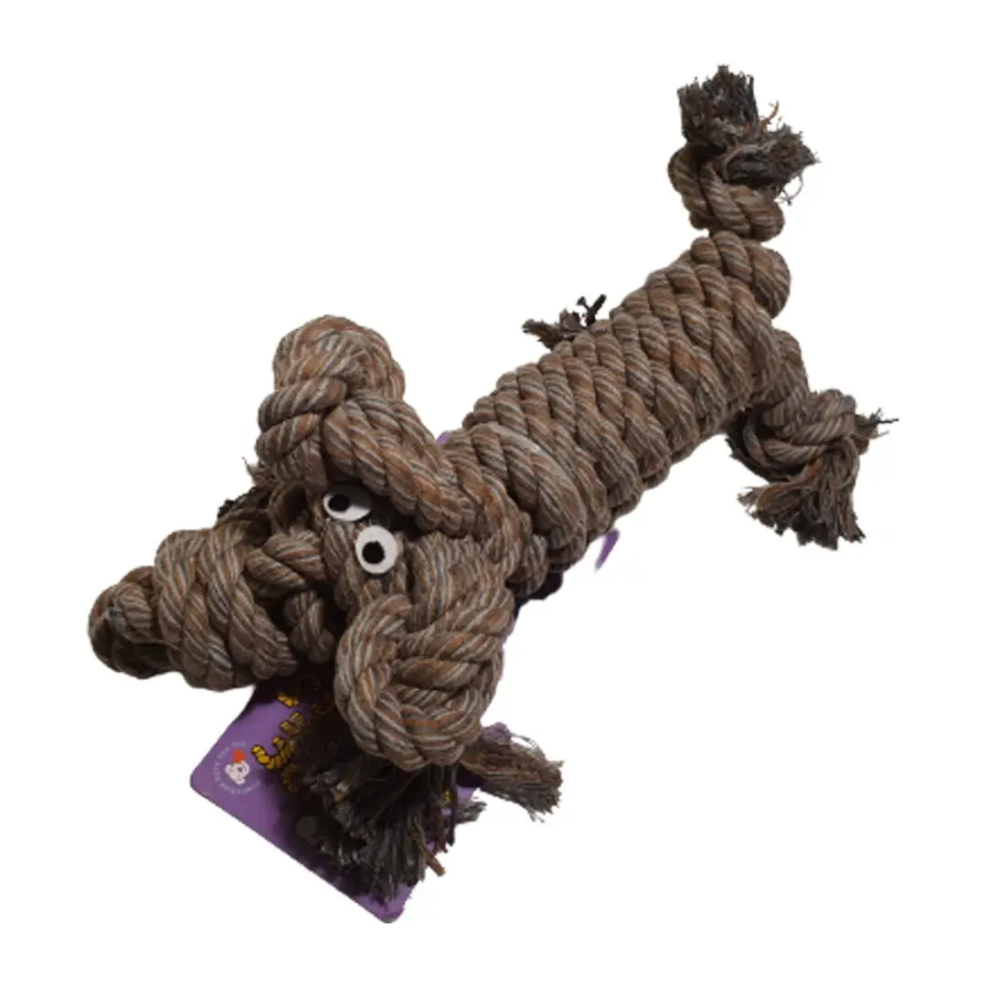 Rope Buddies Companion Dog Toy shaped like a dachshund with goofy googly eyes