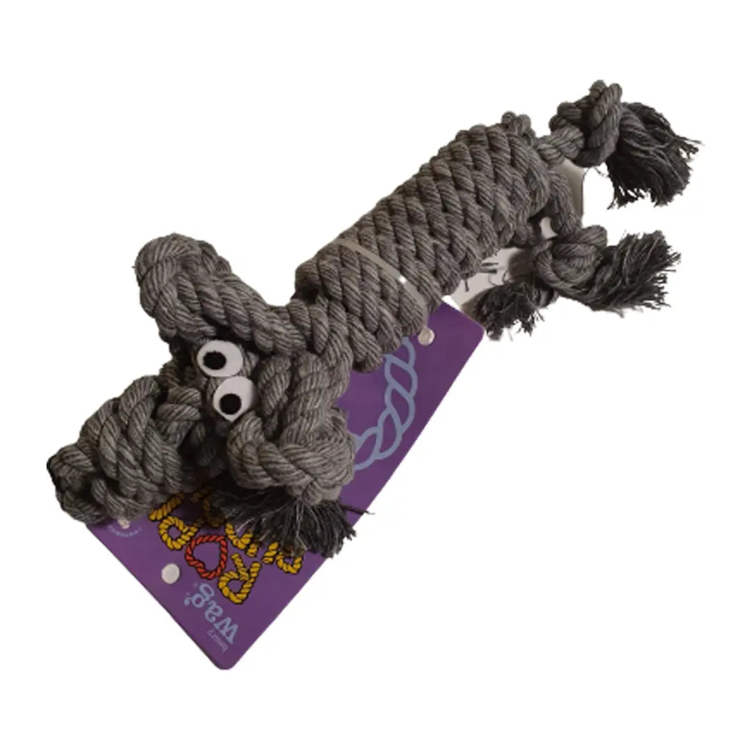 Gray dachshund rope buddy dog toy with googly eyes and purple tag for playful companions