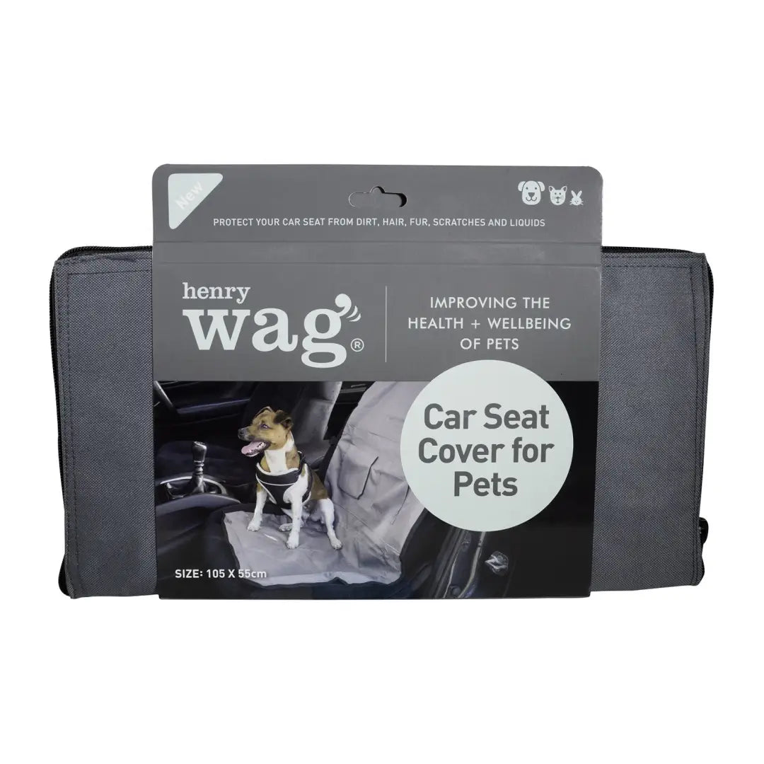 Pet-friendly Henry Wag Single Car Seat Protector in gray box with dog image