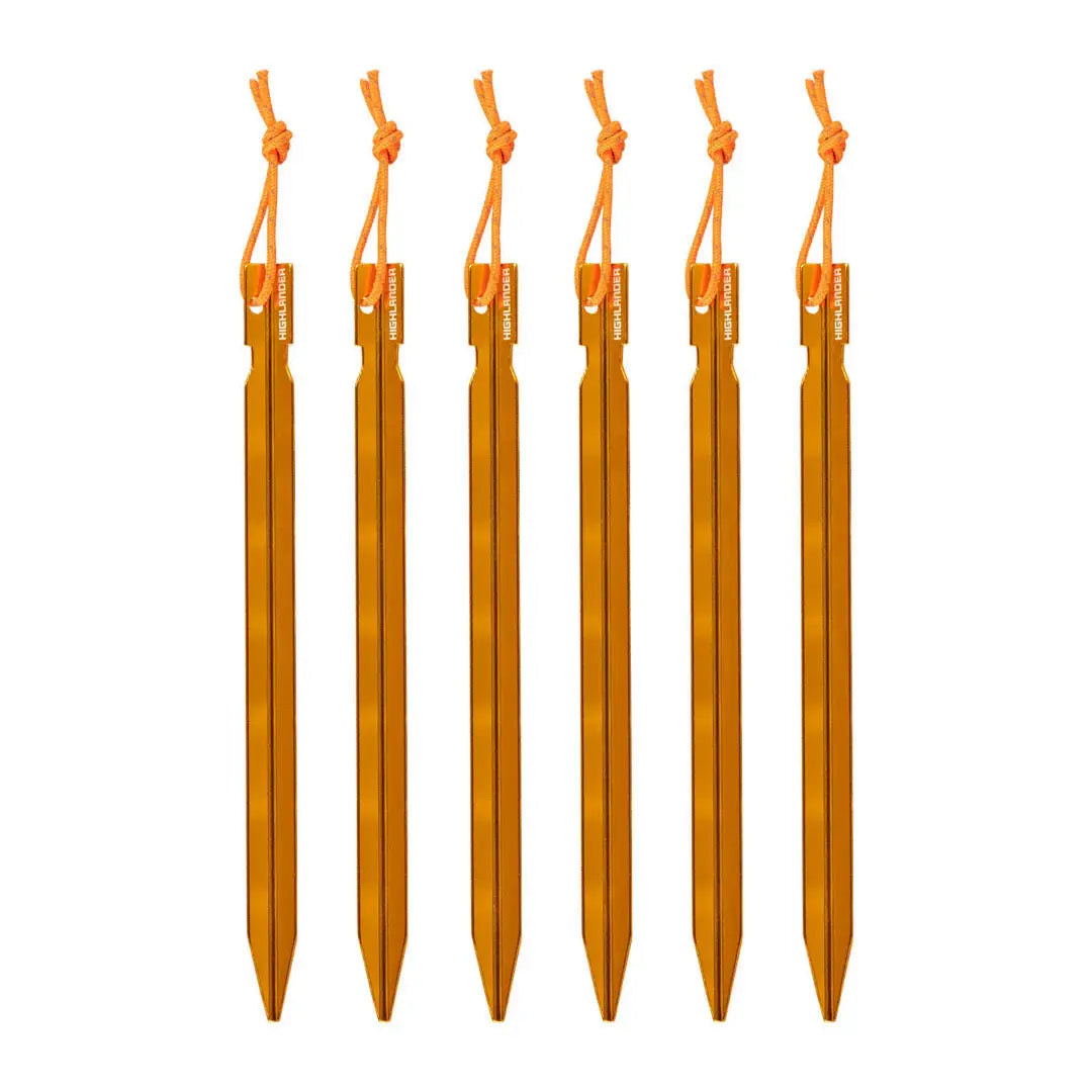 Six orange Highlander Arrow Aluminium pegs with cords, perfect for high-strength camping