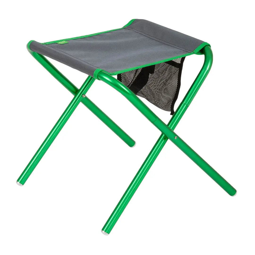 Folding Highlander Ayr Camping Stool with green frame and gray seat for outdoor adventures