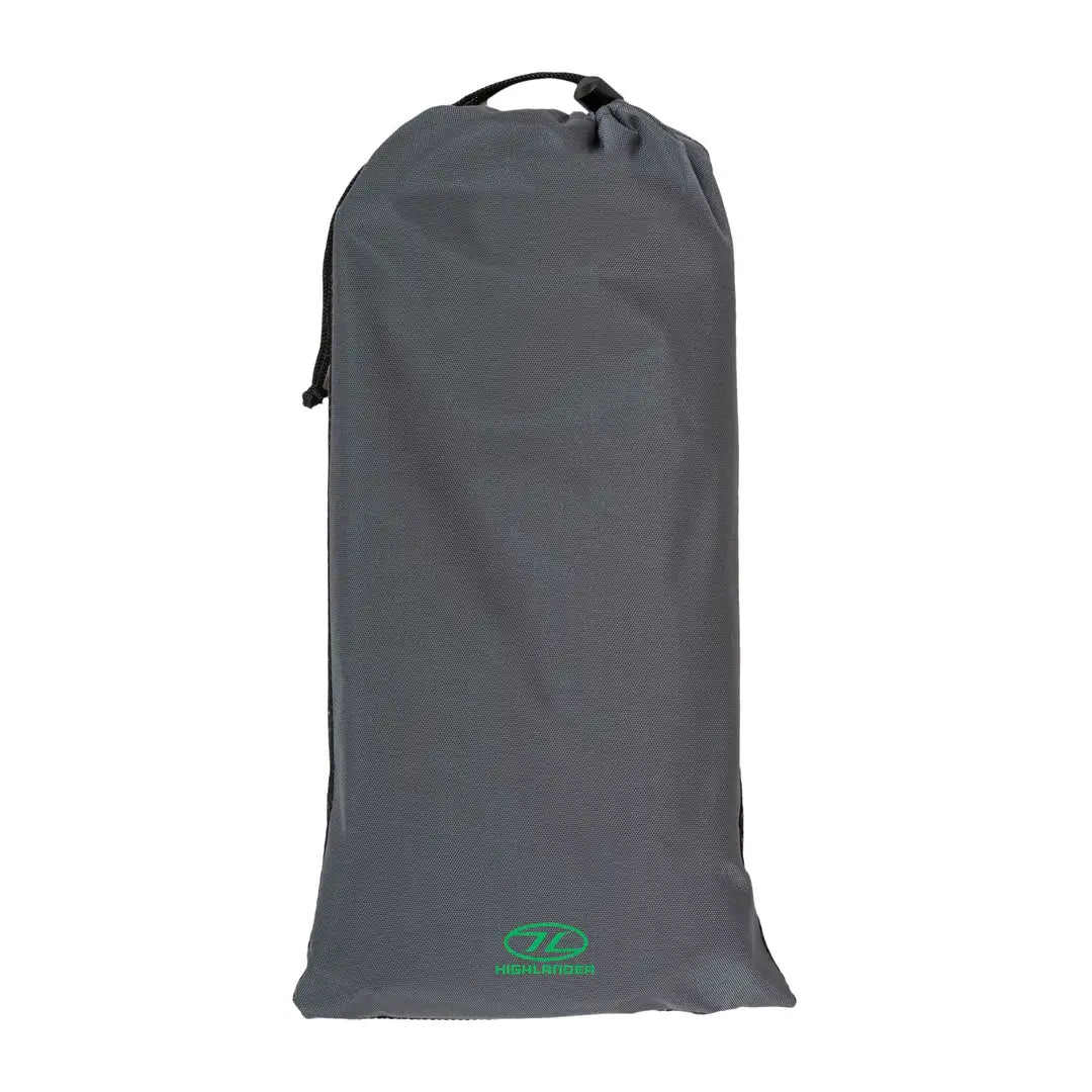 Gray dry bag with green logo, perfect for outdoor adventures like Highlander Ayr Camping Stool