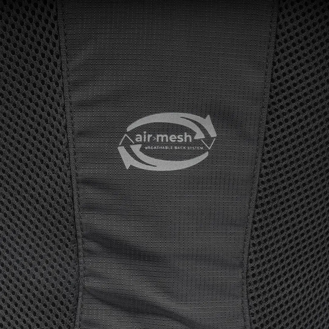 Logo of air-mesh on dark mesh fabric of Highlander Bolt-Lite Hydration Pack