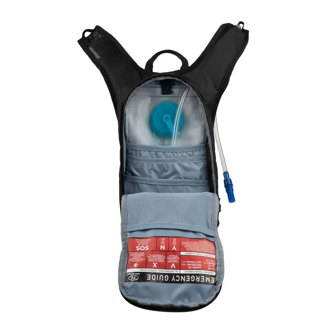 Hydration backpack with water reservoir and emergency guide in Highlander Bolt-Lite pack