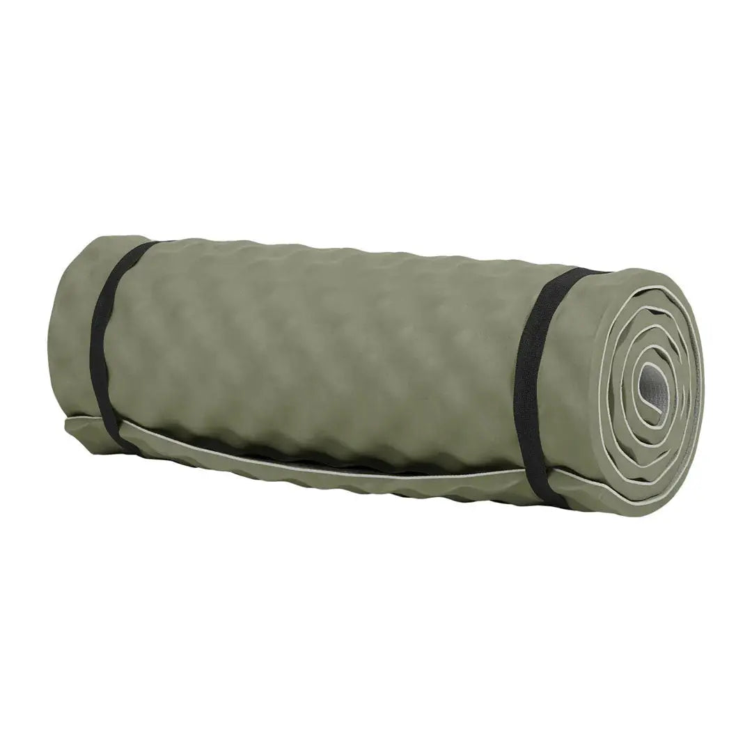 Rolled-up olive green Highlander Comfort Camping Mat secured with black straps