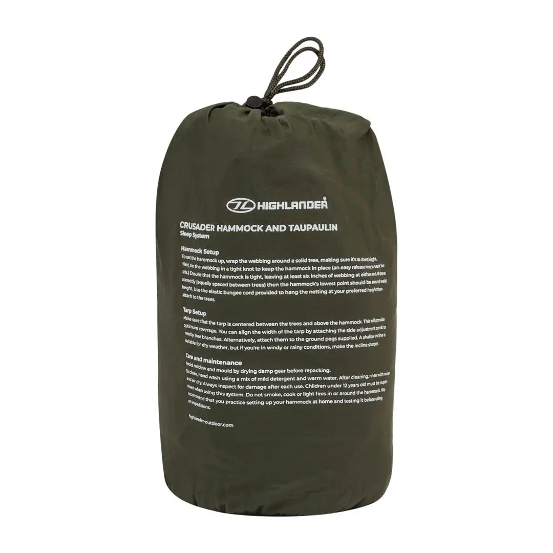 Olive green stuff sack for the Highlander Crusader Hammock ensures a comfortable night’s sleep