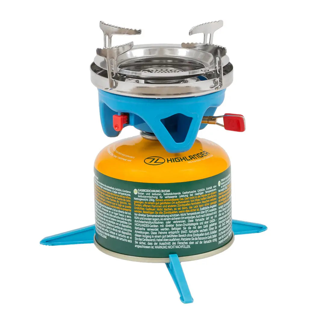 Portable camping gas stove with blue base and gas cartridge that fits snugly inside