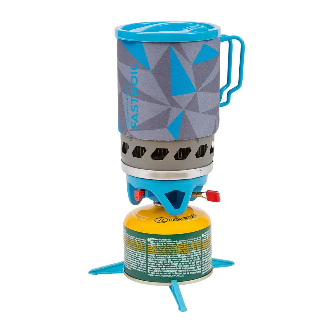 Portable gas stove with blue gray patterned pot fits snugly for camping adventures