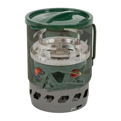 Portable Highlander Fastboil 3 Gas Stove with green lid and gas cartridge holder