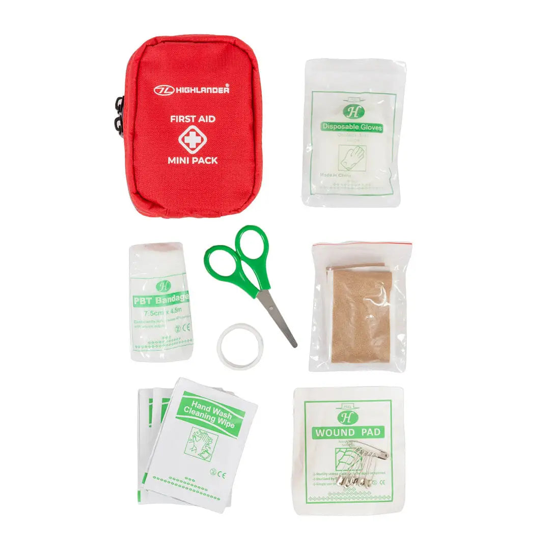 Red Highlander First Aid Mini Pack with medical supplies for outdoors and hunting adventures