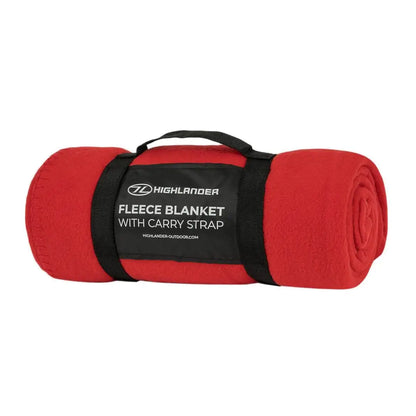 Red fleece blanket rolled up with a black strap, perfect for country clothing and hunting