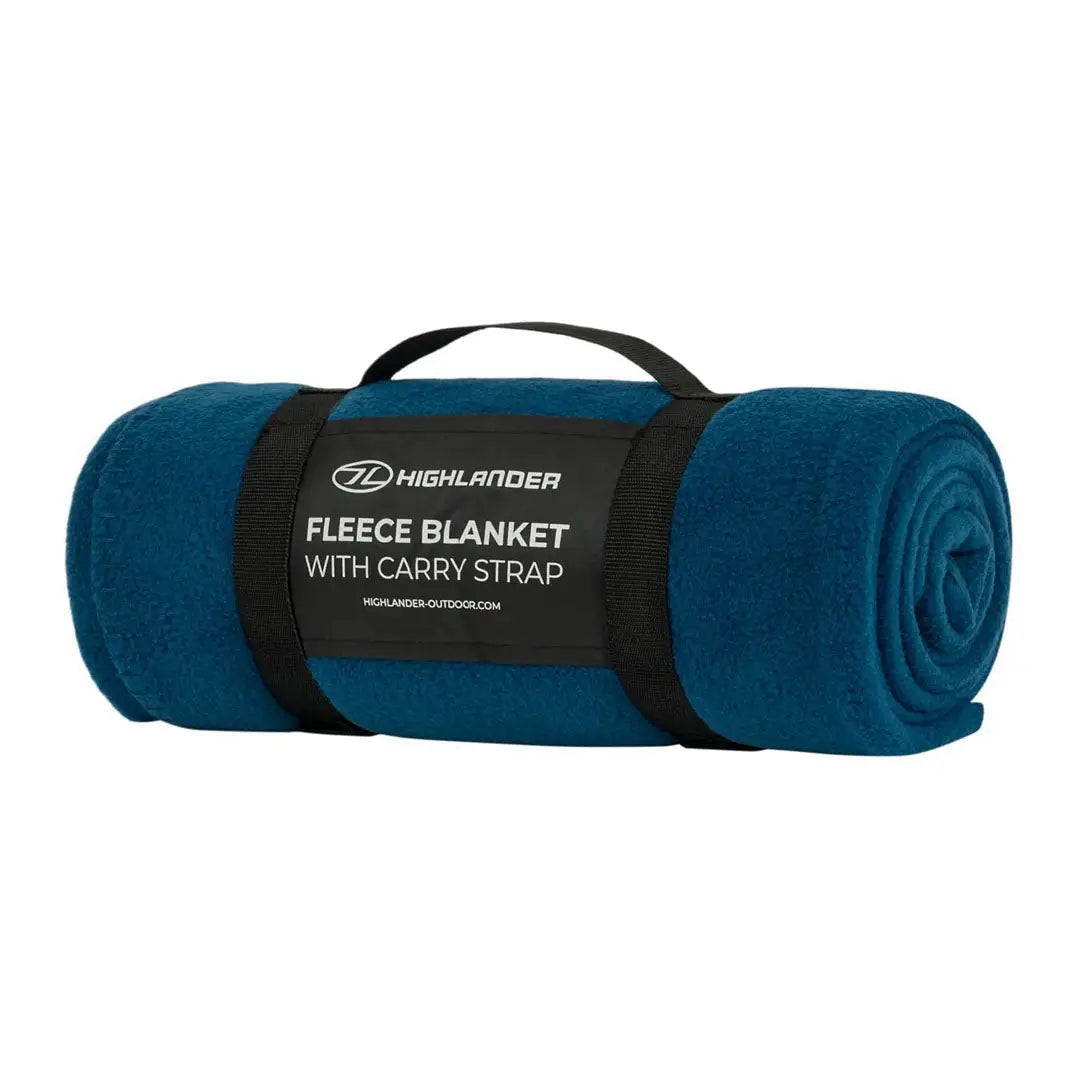 Rolled-up Highlander Fleece Blanket with strap, perfect for country clothing and hunting trips