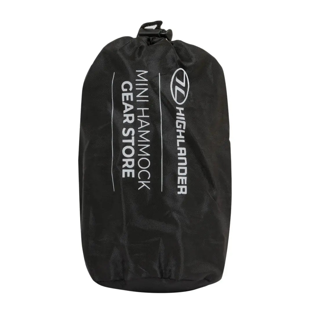 Black garment bag featuring Mini Hammock Gear Store and Highlander logos for outdoor use