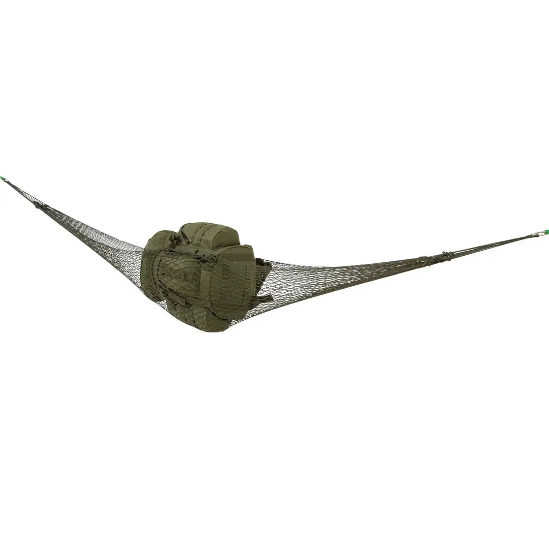 Olive green military hammock with storage bag for outdoor adventures and hunting gear