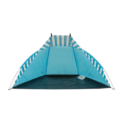 Blue and white striped beach tent from the Highlander Harris Sports Shelter UPF 50