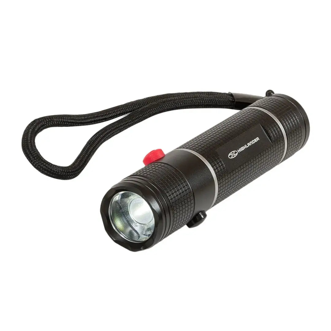 Black Highlander Hawkeye Dual Button Hand Torch with wrist strap and red button