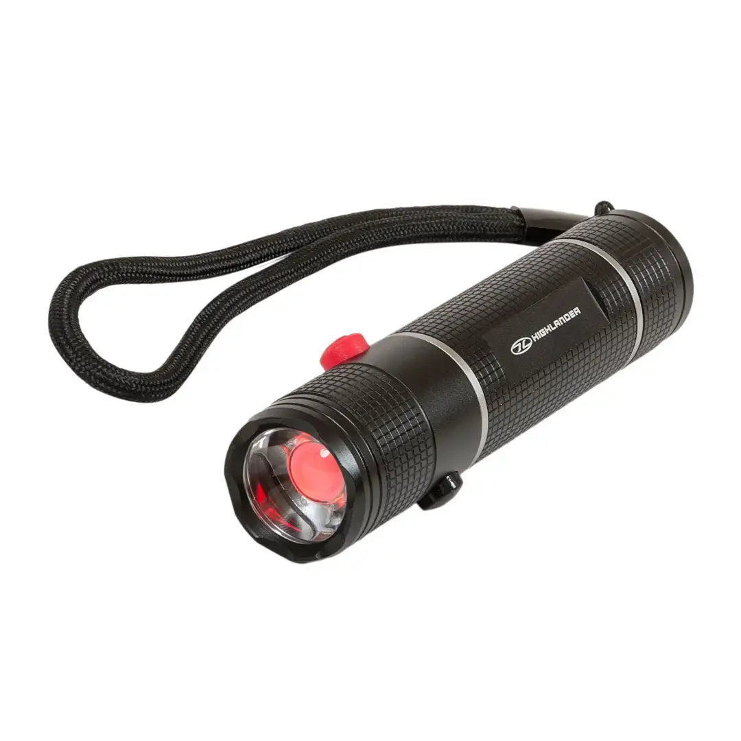 Black Highlander Hawkeye Dual Button Hand Torch with a red lens and wrist strap