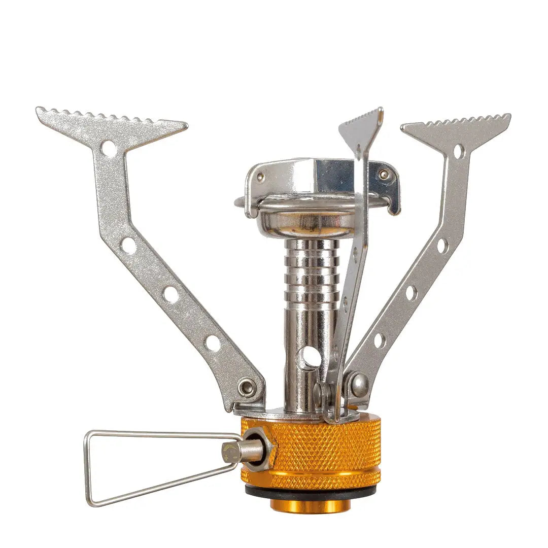 Portable camping stove burner with folding arms for outdoors adventures and hunting trips