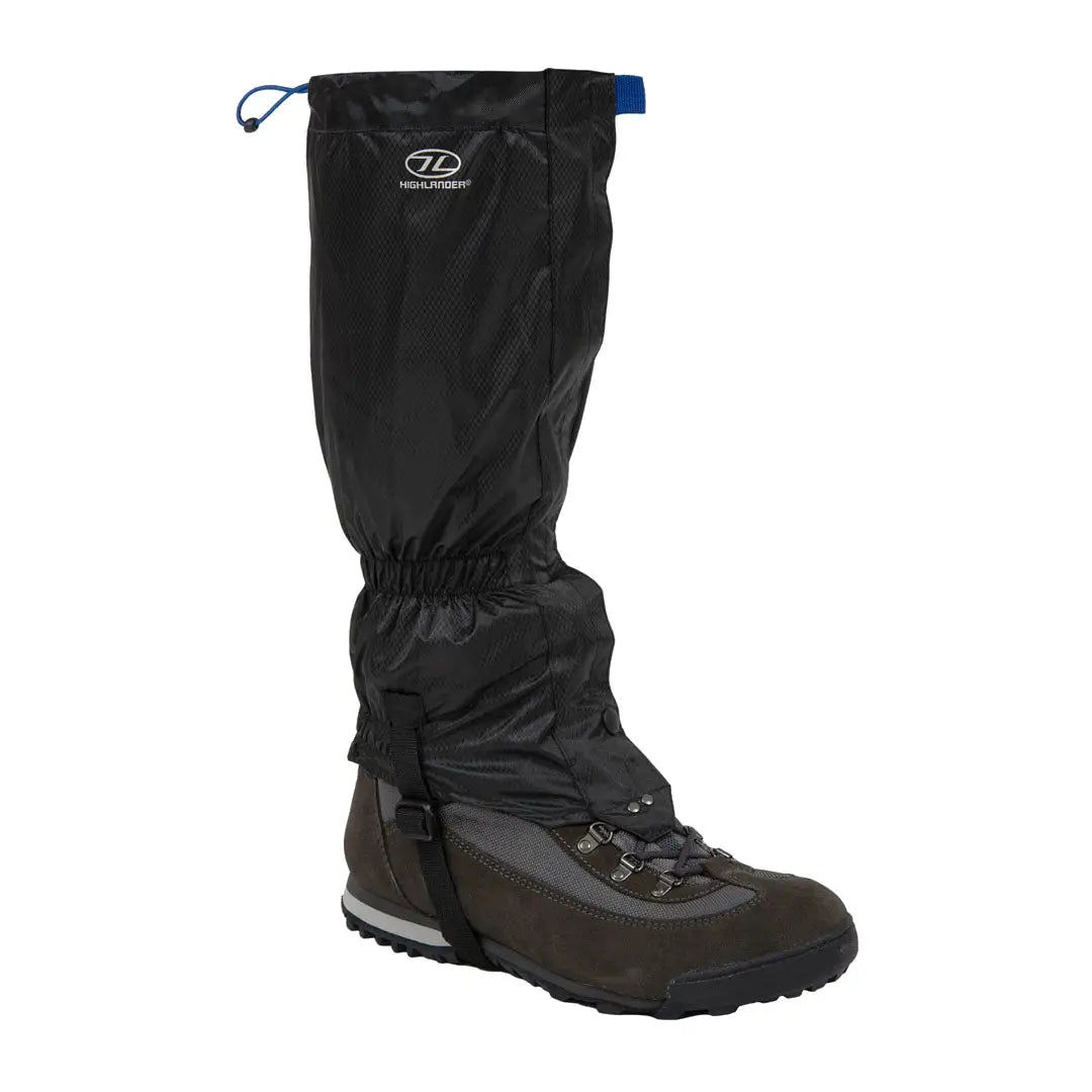 Waterproof Highlander Mens Glenshee Gaiters on rugged outdoor boot for country clothing adventures