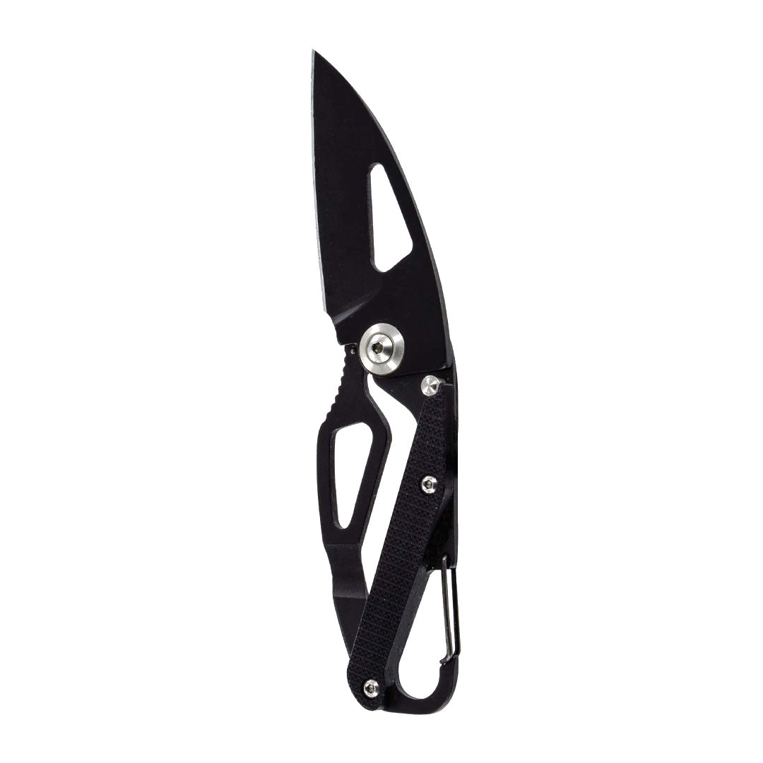 Black Highlander Merlin Karabiner Knife with carabiner clip for easy carrying