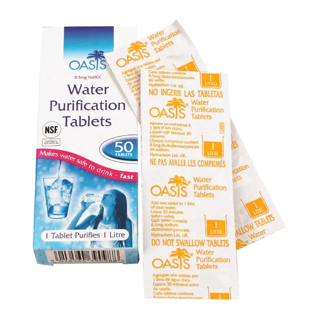 Highlander Oasis Water Purification Tablets in a box with individual packets displayed