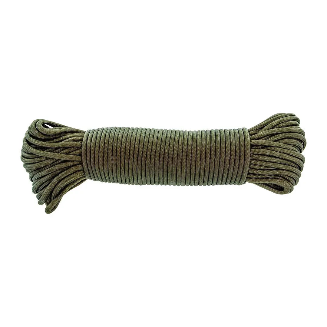 Coiled green nylon rope from Highlander Paracord for country clothing and outdoor adventures