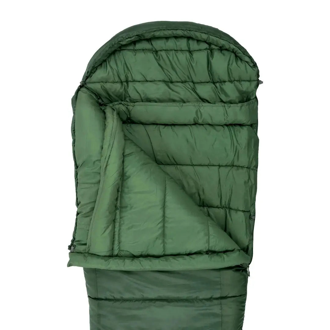 Green Highlander Phoenix Flame 400 sleeping bag with unzipped top for camping and hunting