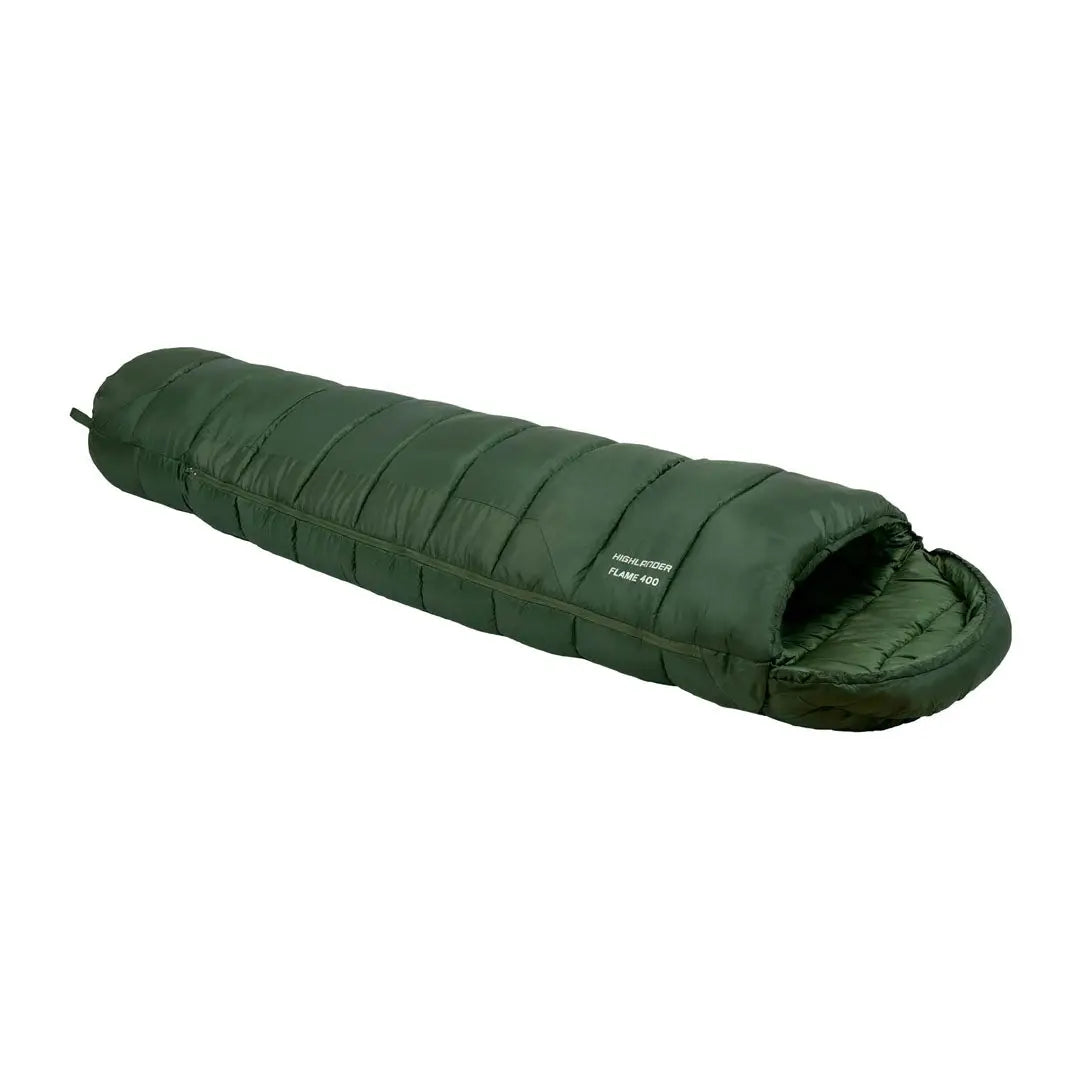 Dark green mummy-style sleeping bag with quilted design perfect for country clothing and hunting