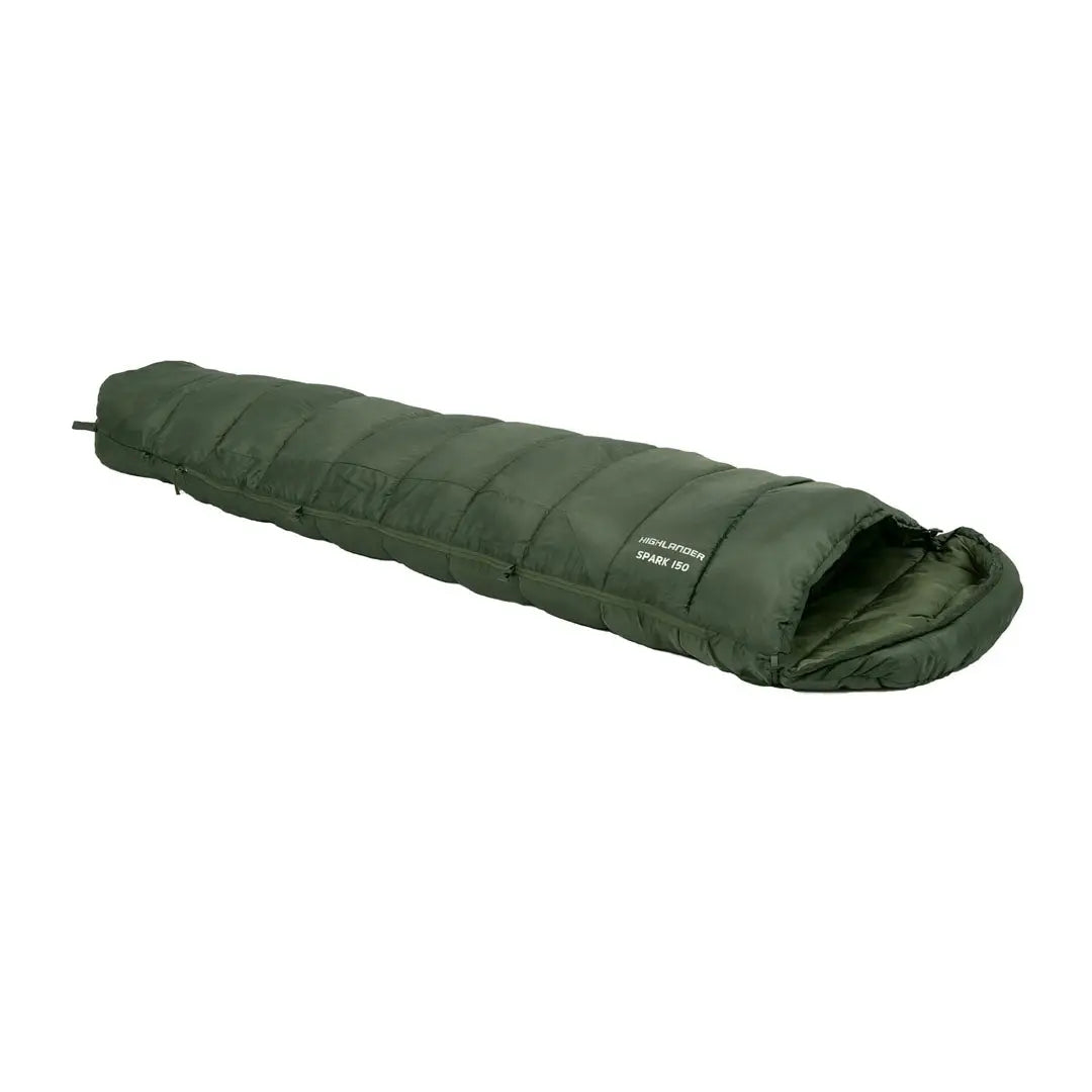 Dark green tapered Highlander Phoenix Spark 150 sleeping bag for tough two season camping