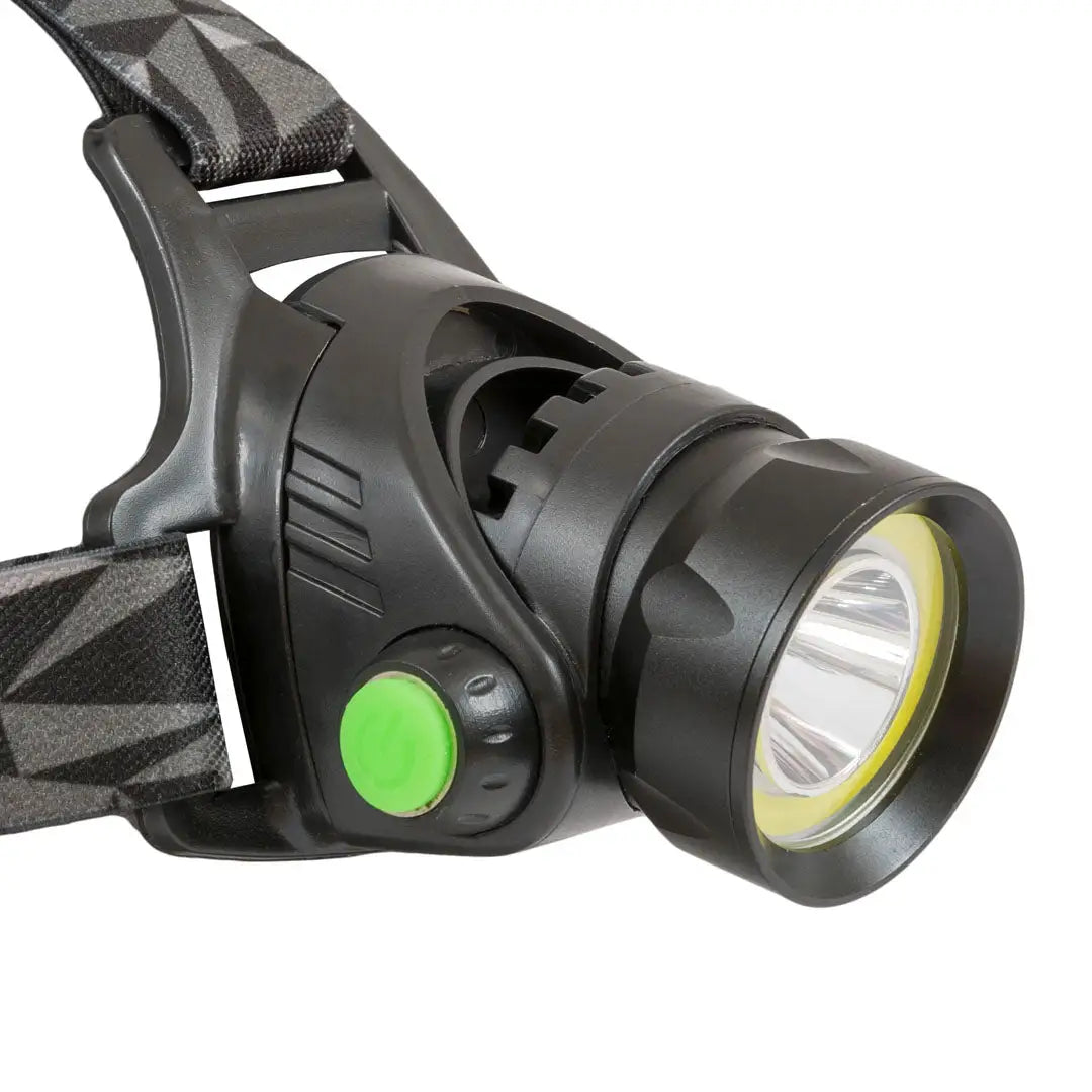 Highlander Polaris Rechargeable Head Torch with green power button and adjustable strap