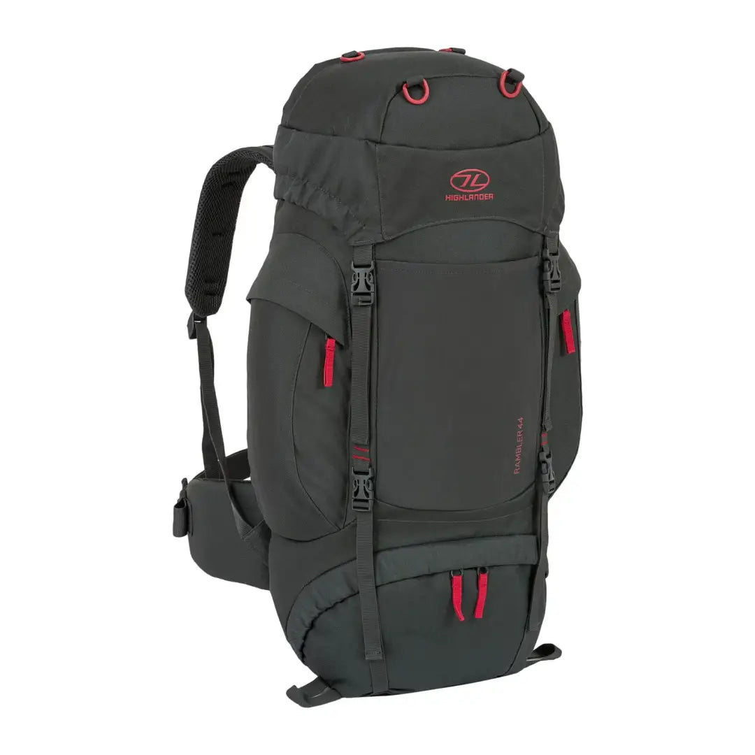 Dark gray Highlander Rambler Rucksack with red accents, perfect for outdoor adventures