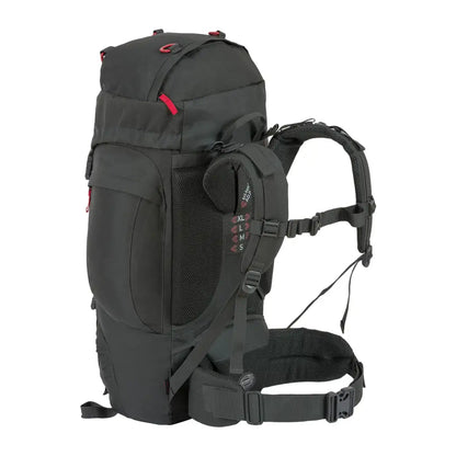 Black Highlander Rambler Rucksack 66L with red accents, perfect for versatile country clothing