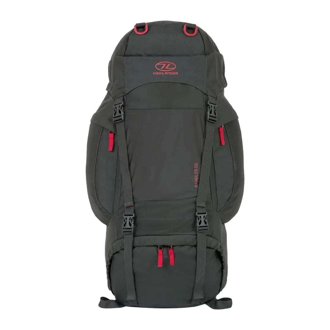 Dark gray Highlander Rambler Rucksack 66L with red accents and versatile compartments