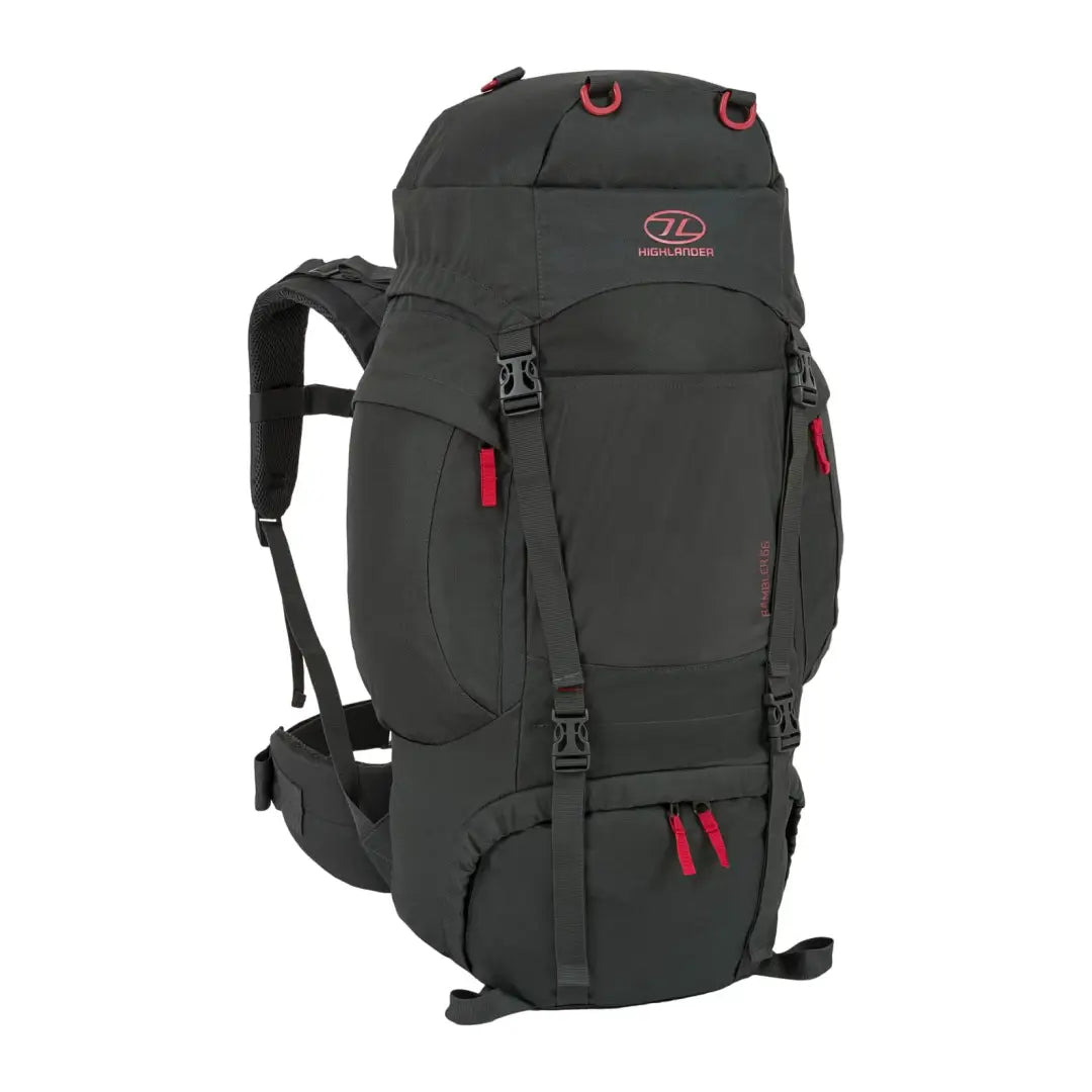 Dark gray Highlander Rambler Rucksack 66L with red accents, perfect versatile rucksack for adventures