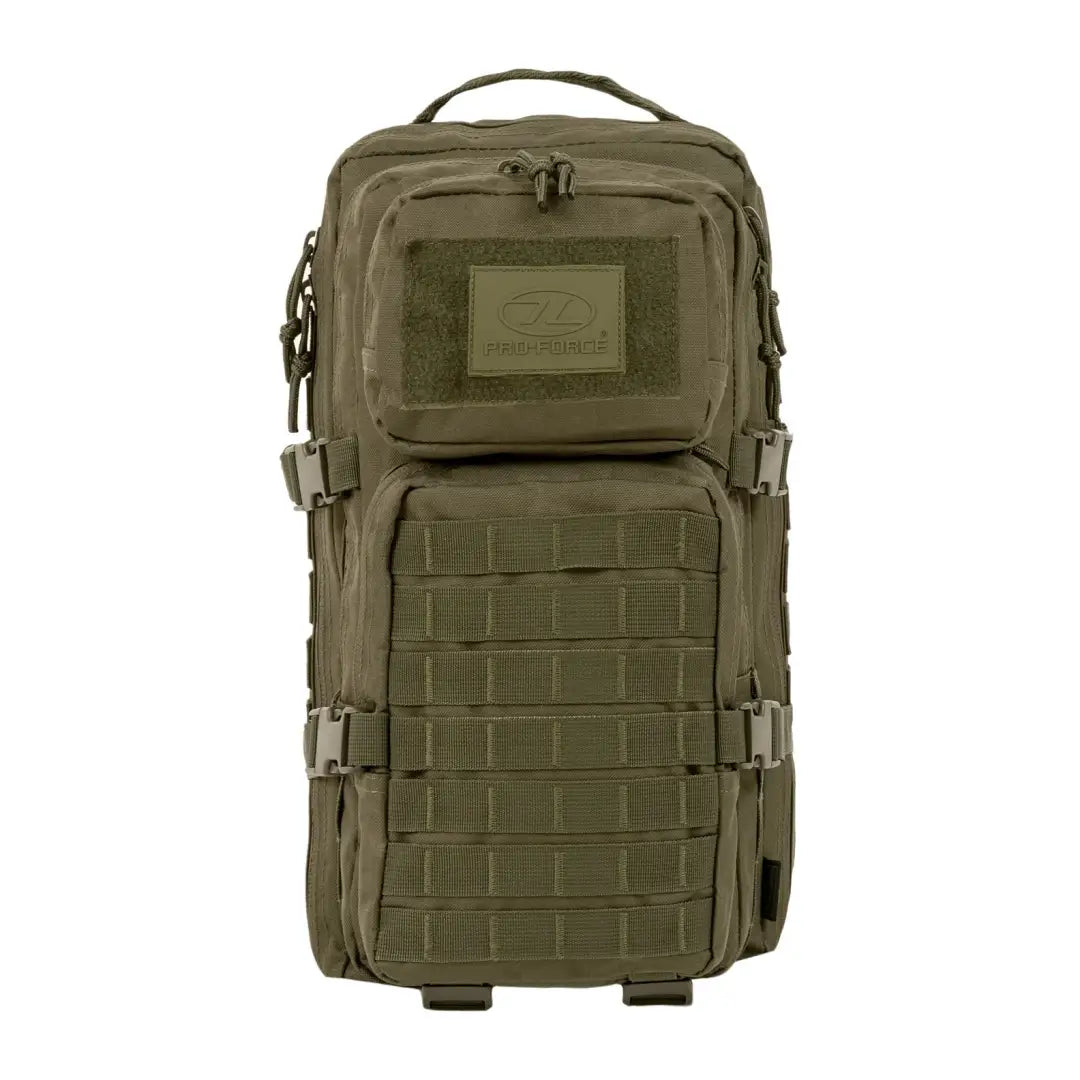 Olive green Highlander Recon Backpack 28L with compartments and hydration port