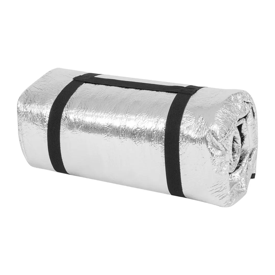 Rolled-up silver Highlander survival blanket secured with black straps for camping and hunting