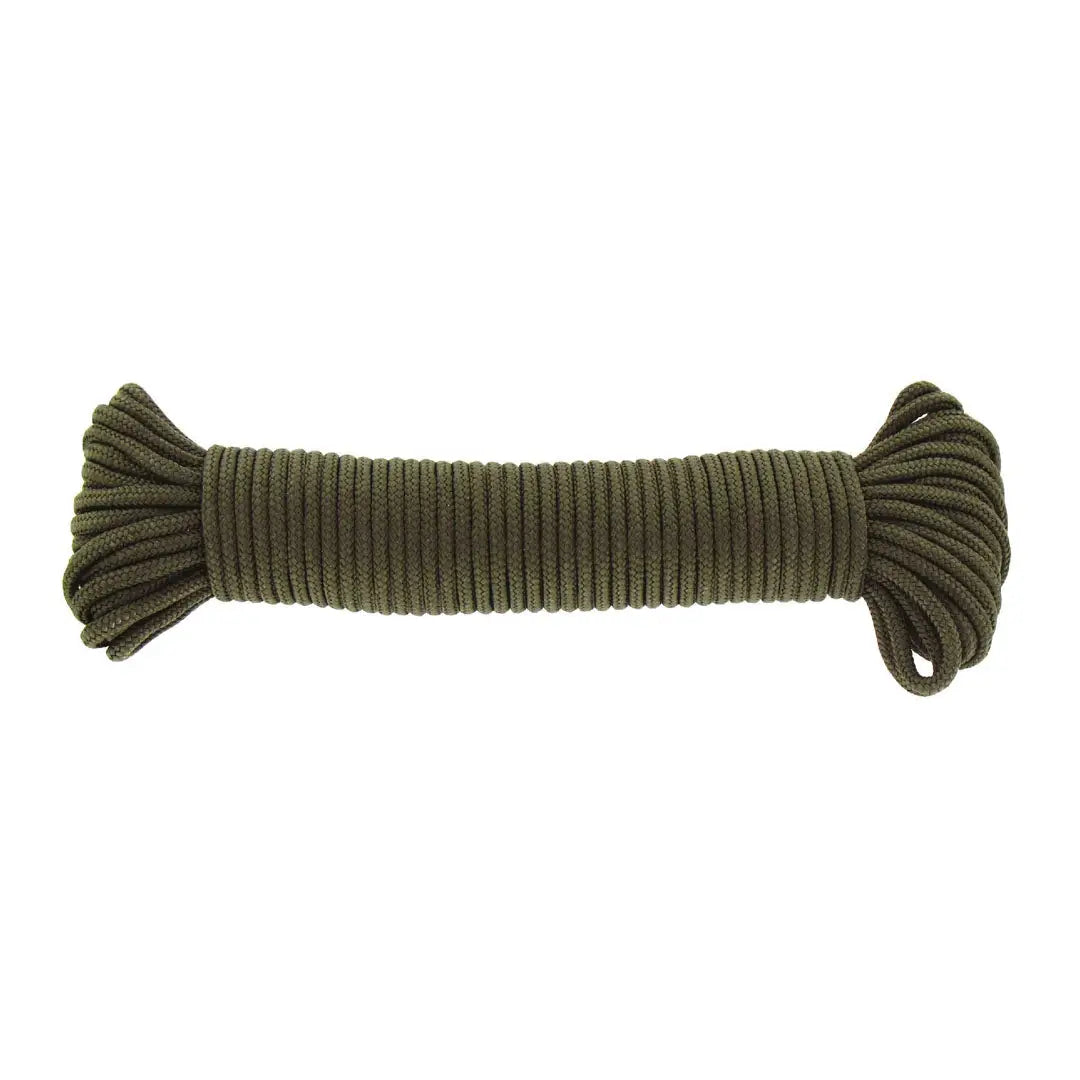 Coiled green nylon rope perfect for outdoor adventures, hunting, and country clothing