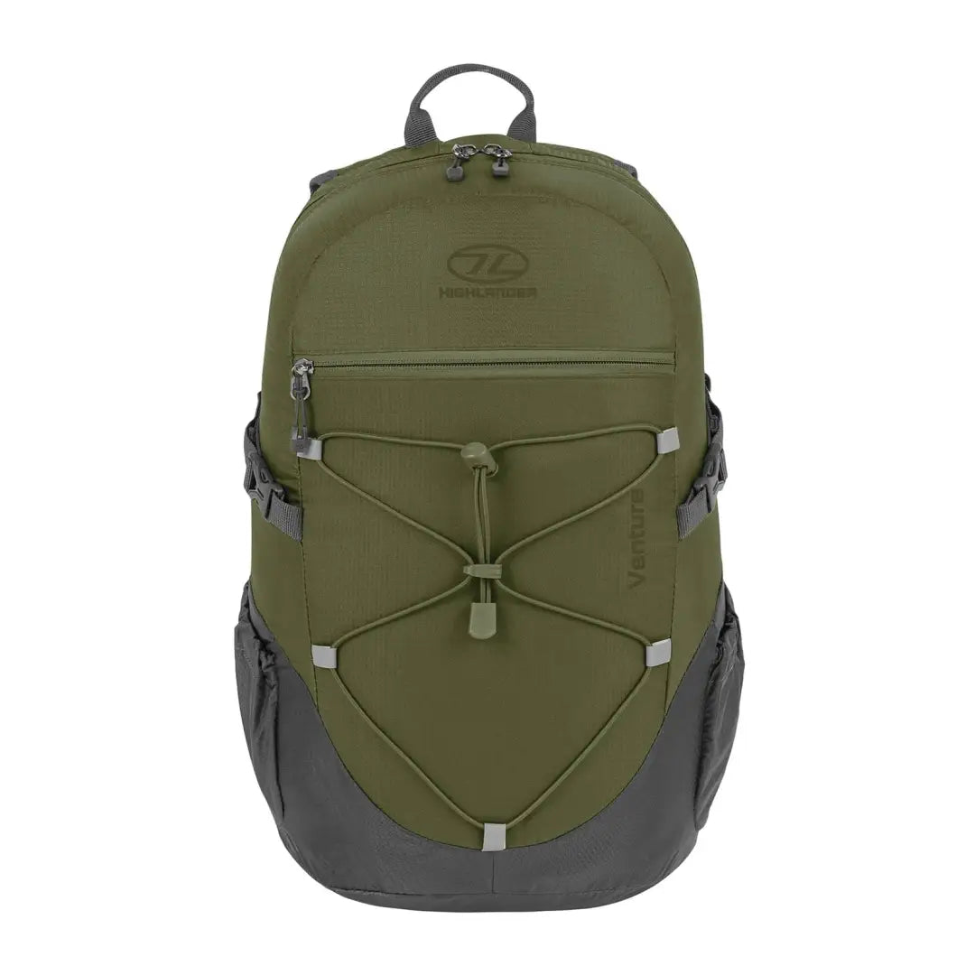 Olive green Highlander Venture Backpack 20L, great for day trips with cool bungee cord straps