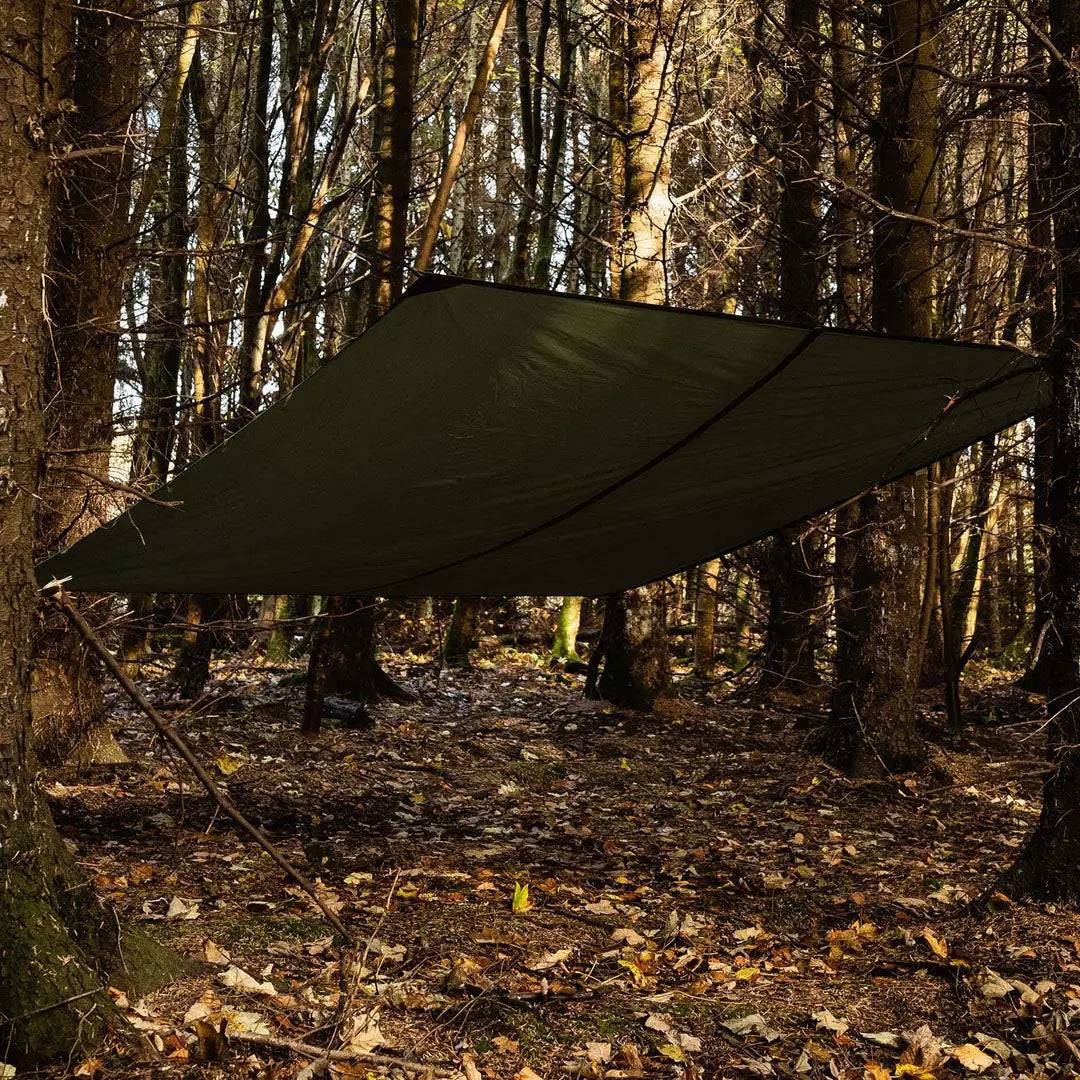 Highlander XL Basha tarp shelter set up between trees in a scenic forest setting