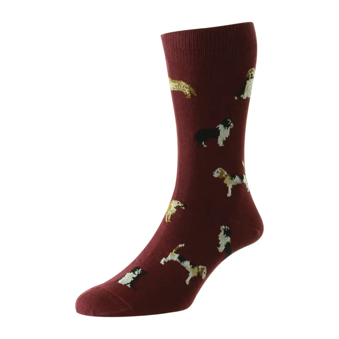 Burgundy cotton rich socks featuring playful dog silhouettes pattern from HJ Hall