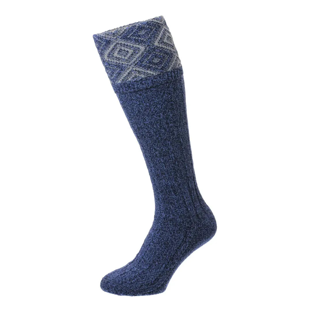 Navy blue knee-high HJ Hall Duncliffe Diamond Texture Shooting Socks with a stylish pattern