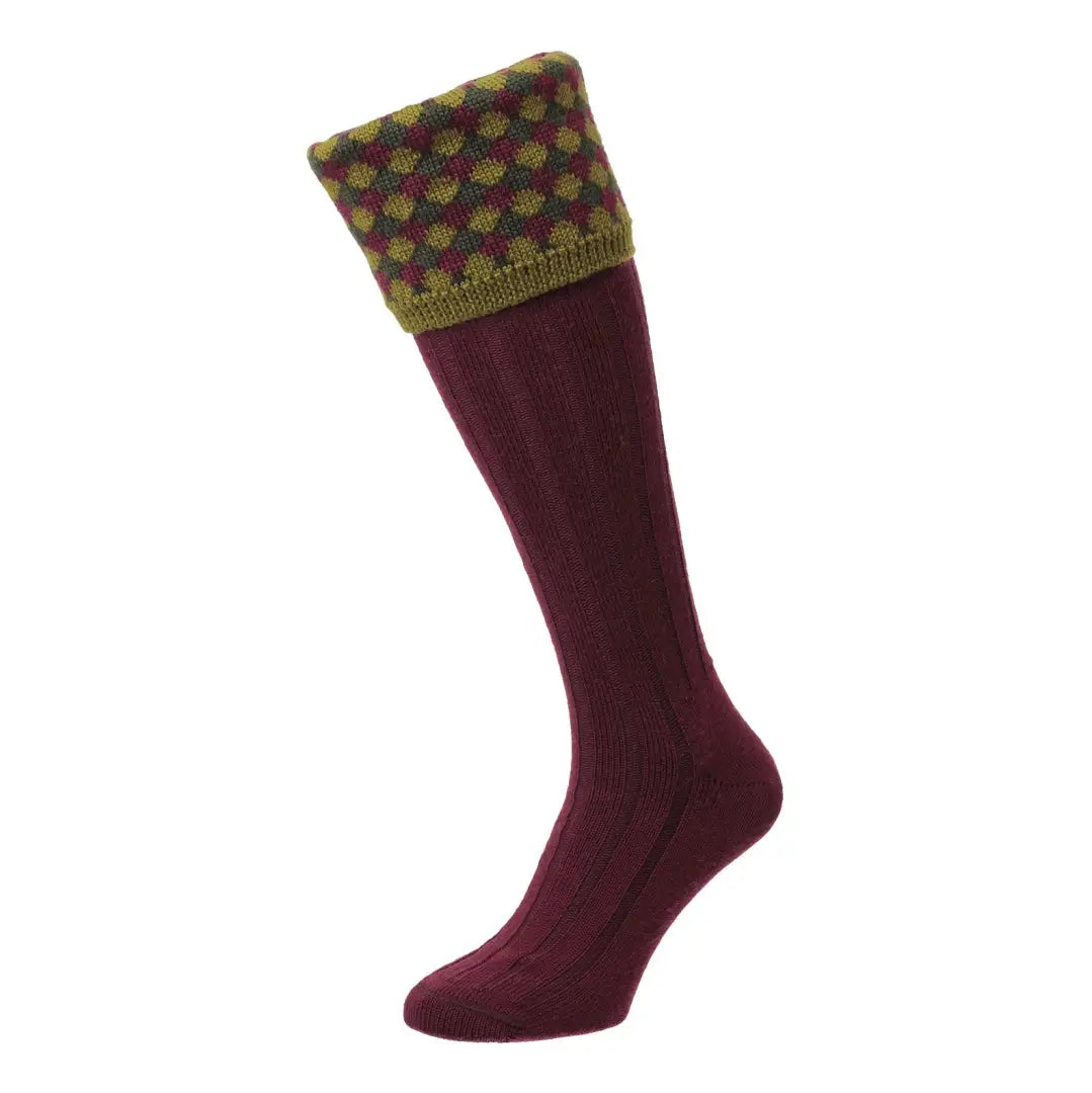 Burgundy HJ Hall Harlequin Shooting Socks with green and brown patterned cuff