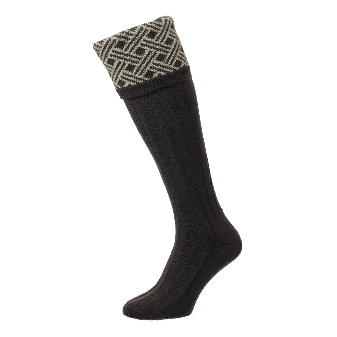 Stylish black HJ Hall Langton Lattice Jacquard Shooting Socks with a patterned cuff