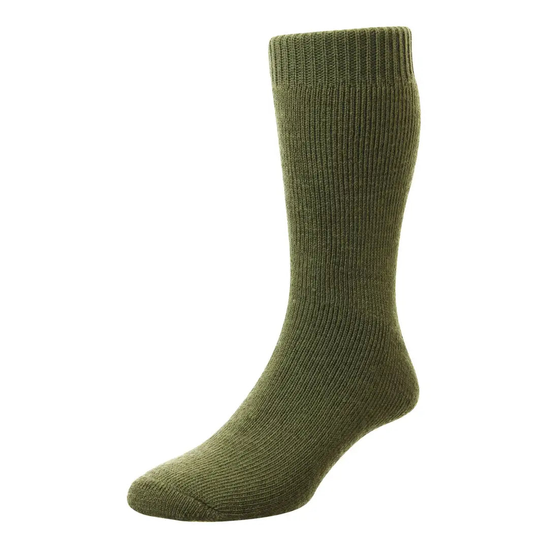 Olive green knitted sock with ribbed texture, perfect for country clothing and fully cushioned comfort