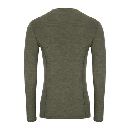 Olive green merino wool crew neck long-sleeved base layer from Hoggs of Fife