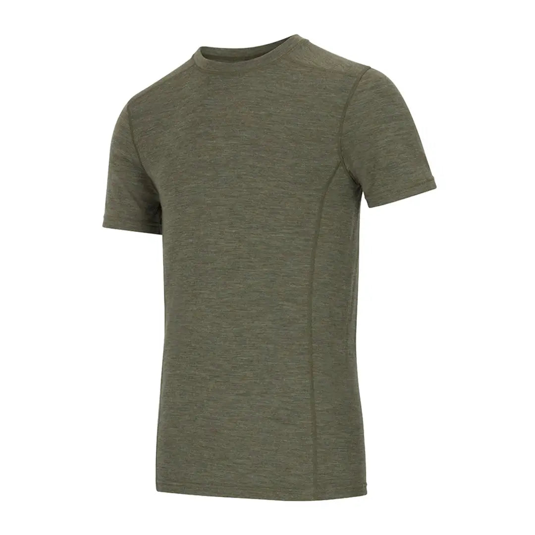 Olive green crew neck short-sleeved top made from 100% Merino Wool by Hoggs of Fife