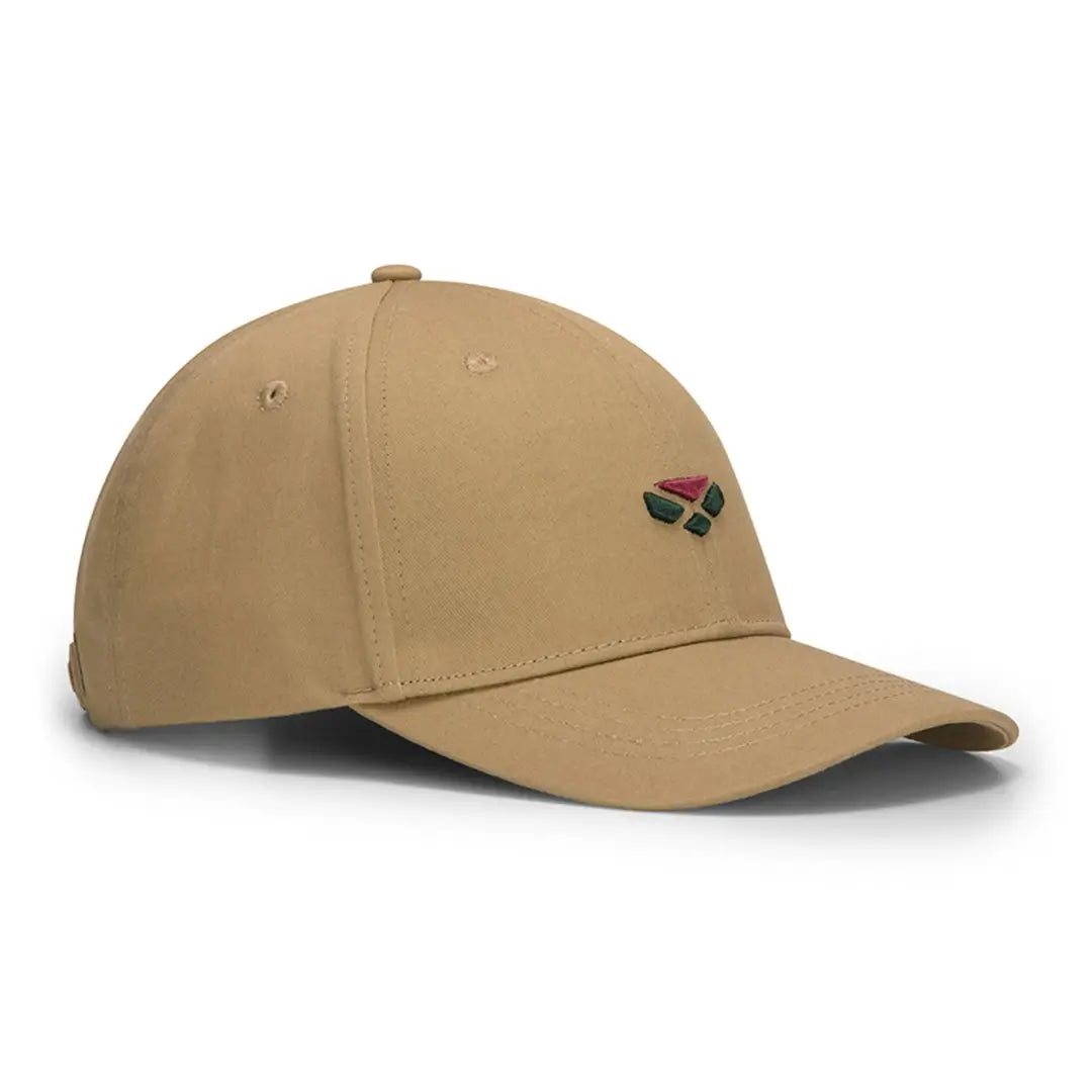 Tan baseball cap with colorful logo, perfect for country clothing and hunting adventures