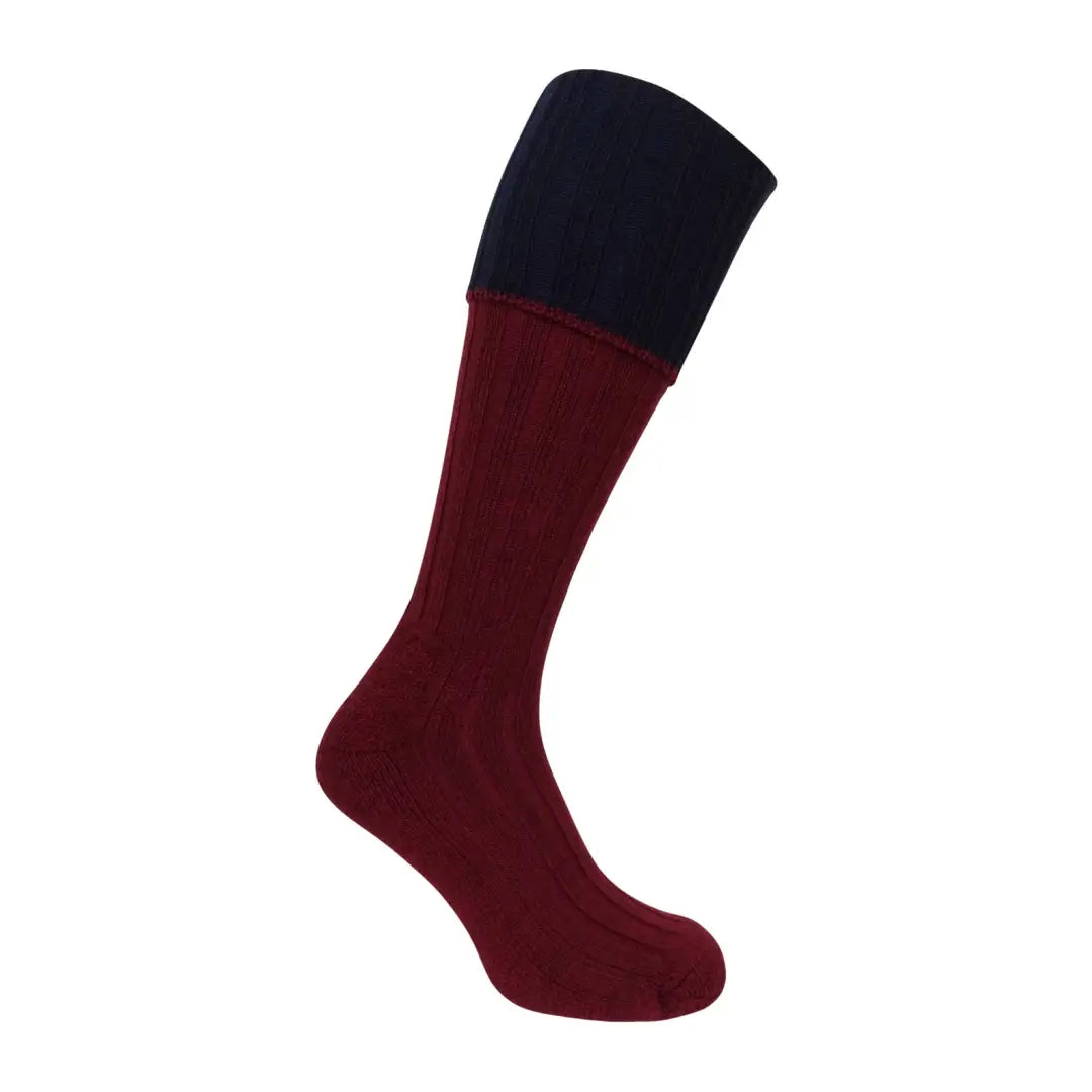 Knee-high Hoggs of Fife Contrast Turnover Shooting Socks in burgundy and navy