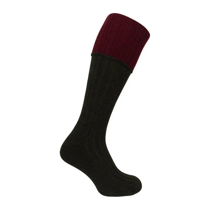 Long black shooting socks with a burgundy contrast turnover cuff from Hoggs of Fife