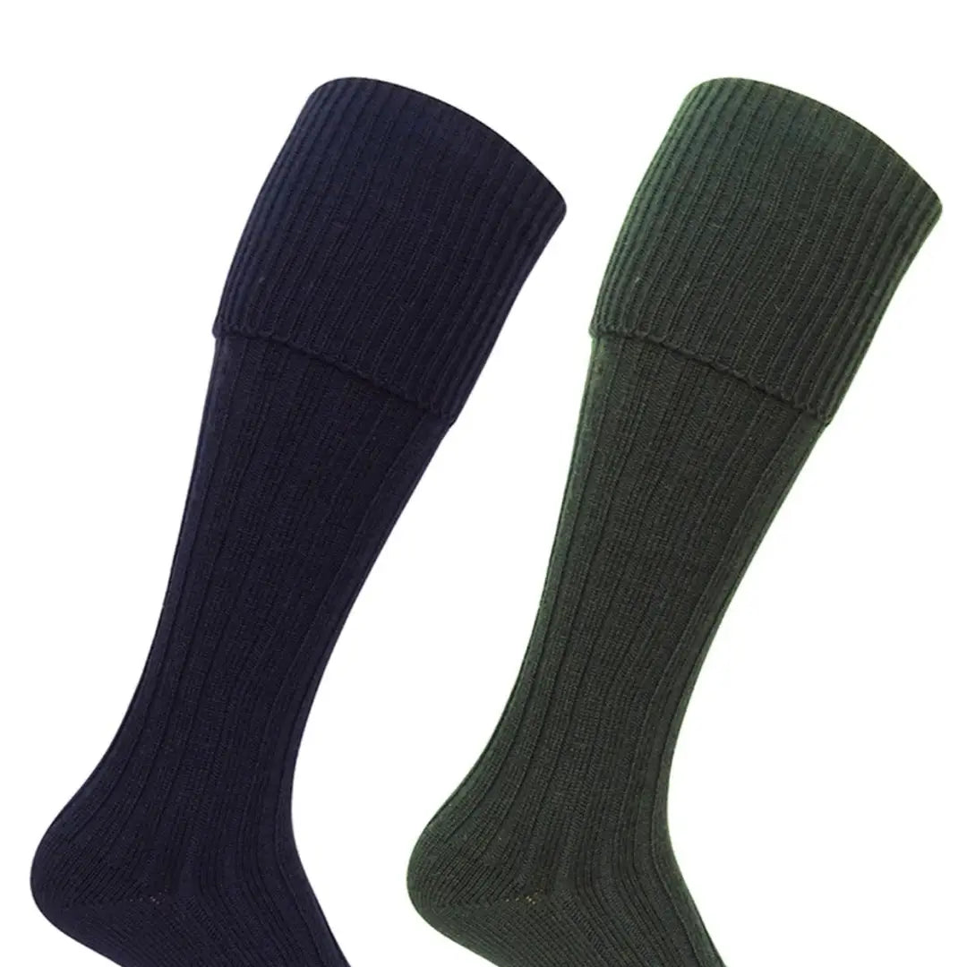 Two tonal shooting socks, one navy blue and one dark green, perfect for discrete style